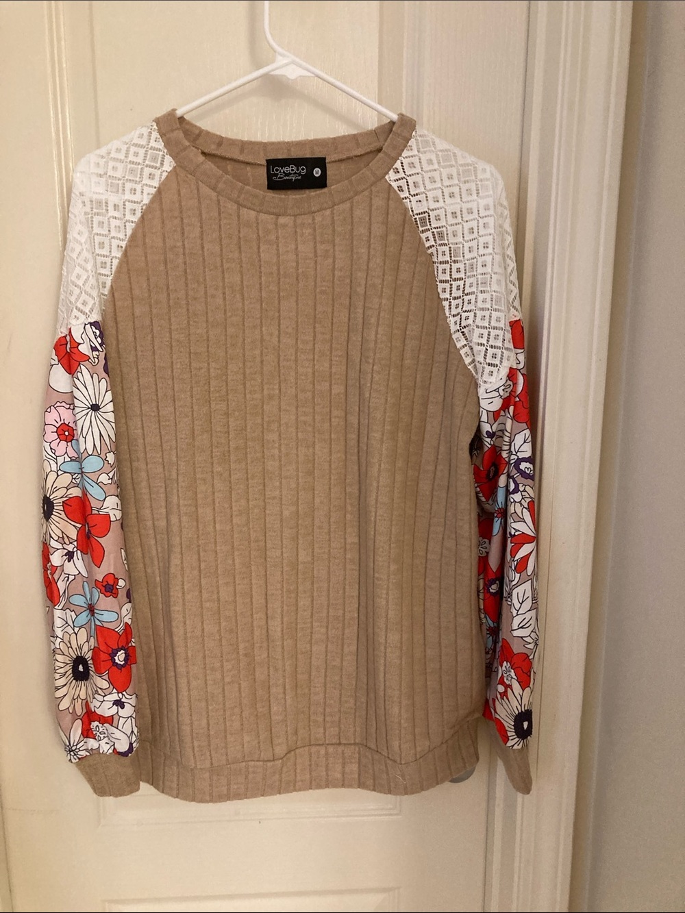 Love Beige Ribbed Sweatshirt with Floral Raglan Sleeves